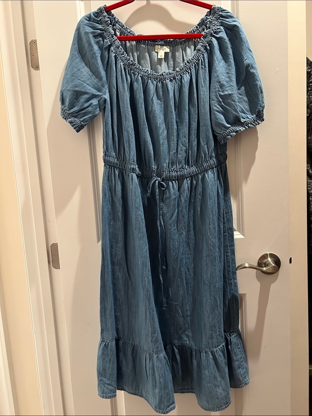 Style & Co. Light Blue Off-Shoulder Denim-Look Drawstring Waist Dress
